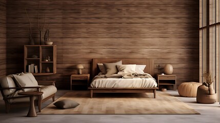 Home Decorating with Tan Brown Wood: Sleepycore Style, Exotic Atmosphere, Bold Contrast, Textural Play, Soft Mist, Precise Detailing, High Quality, Streamlined Design, Interior Design, Room