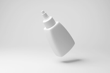 White adhesive glue bottle floating in mid air on white background in monochrome and minimalism. Illustration of the concept of art and repair