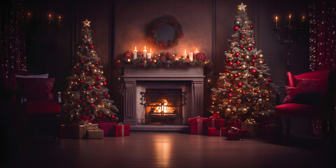 Beautiful red Christmas background with a decorated Christmas tree in the living room near the fireplace with lights and gifts.