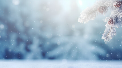 A beautiful winter background featuring frosted spruce branches, small drifts of pristine snow, bokeh Christmas lights, and ample space for text.