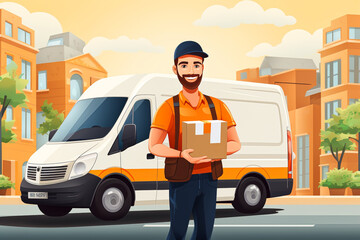 Postwoman/postman with package in hand standing in front  postal car. AI generativ.