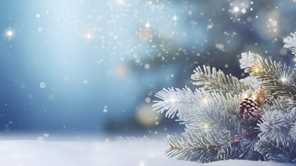 A beautiful winter background featuring frosted spruce branches, small drifts of pristine snow, bokeh Christmas lights, and ample space for text.