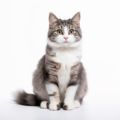 An isolated photo of a short hair cat with yellow eyes, on a white background
