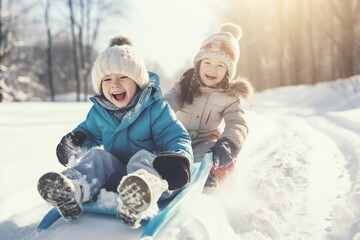 Happy little brother and cute sister enjoying sleigh ride. Smiling children sitting on the sled. Children play with bobsled outdoors in snow. Winter vacation concept.