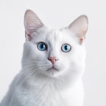 A close up isolated photo of a white short hair cat with blue eyes, on a white background, professional photo