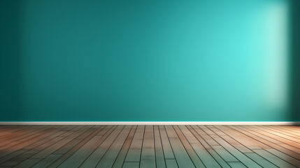 An interior background for presentations featuring a blue turquoise empty wall and wooden floor, with intriguing glare and lighting effects from the window, adding depth and interest to the scene.