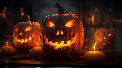 Halloween pumpkins illuminated by the soft glow of candles, casting a spooky and atmospheric light.