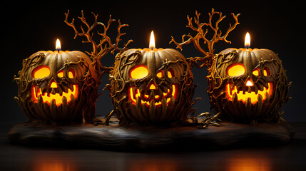 Halloween pumpkins illuminated by the soft glow of candles, casting a spooky and atmospheric light.