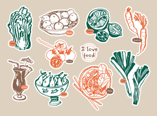 Sticker label set. Healthy food and beverages illustrations. Collection of various patches, labels, tags, stickers, stamps. Vector set, trendy promo labels.