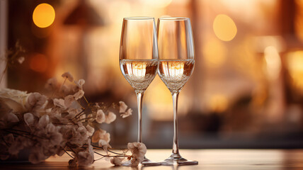 wedding champaign glasses on the table, natural, warm background