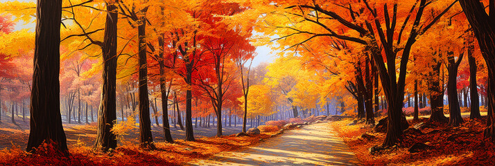 autumn avenue full of fallen coloured leaves. AI generative. - obrazy, fototapety, plakaty