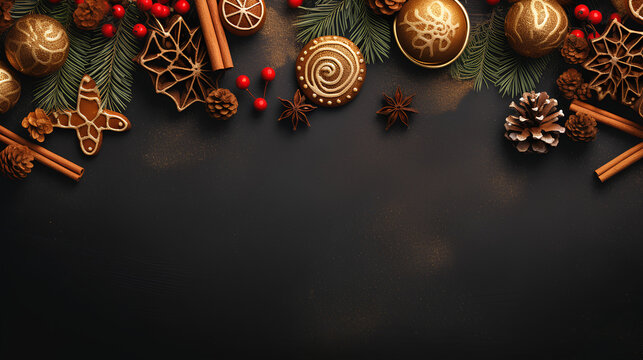 A Christmas-themed dark background border featuring rich golden-brown tones. The border is adorned with fir branches, cones, gingerbread cookies, serpentine, and red berries on a textured backdrop, pr