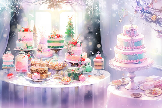 水彩画のクリスマスのお菓子/Watercolor Christmas sweets/Generative AI
