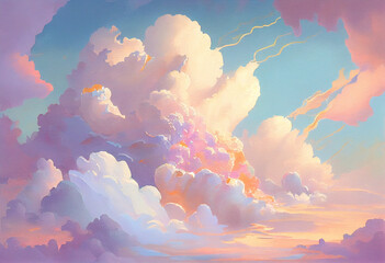 Image of a watercolor painting of clouds, in the style of rococo  pastel colors, conceptual digital art. Generative AI - obrazy, fototapety, plakaty
