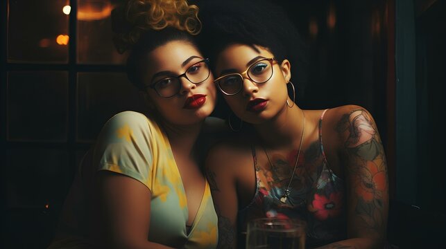 A mixed lesbian couple in love, friends sitting together next to each other. A romantic scene between two loving women.