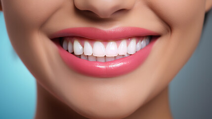Fototapeta premium Charming female smile with dazzling white teeth, showing excellent dental health and hygiene. Ideal for dental illustrations. Copy space