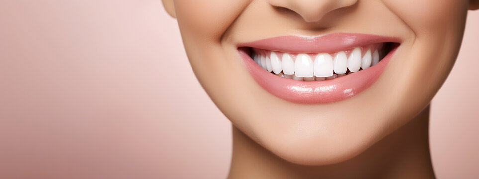 Charming female smile with dazzling white teeth, showing excellent dental health and hygiene. Ideal for dental illustrations. Copy space