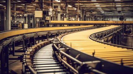 Inside factory conveyor belt production line, nobody, empty indoor product conveyor line.