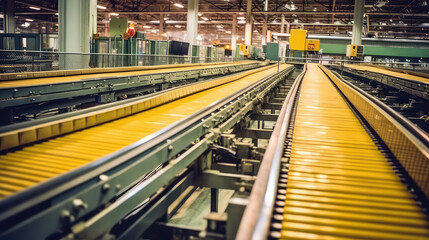 Fototapeta premium Inside factory conveyor belt production line, nobody, empty indoor product conveyor line.