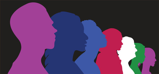 Group diversity silhouette multiethnic people from the side. Community of colleagues or collaborators. Concept of bargain agreement or pact. Collaborate. Co-workers. Harmony. Organization