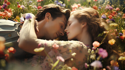 A romantic couple nestled in a field of blooming flowers, reclining on the lush green grass of a meadow. The young man and woman, deeply in love, share smiles as they rest head to head amid the vibran