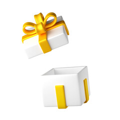 3d white open christmas gift box icon with golden ribbon bow isolated with clipping path. Render modern holiday. Realistic icon for present, birthday or wedding banner