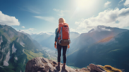 A woman with a backpack embarking on a mountain hike, with a focus on her journey to the summit of a cliff. This scene embodies the concepts of sports, success, leadership