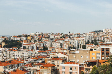 Fototapeta na wymiar top view of izmir city with high density buildings and sea bay
