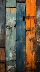 Old Distressed Wood Slat Background Wallpaper for Product Placement Advertisement. Painted Stained Weathered Sea Ocean Boards. Orange, Blue, White. 9:16 Aspect Ratio.