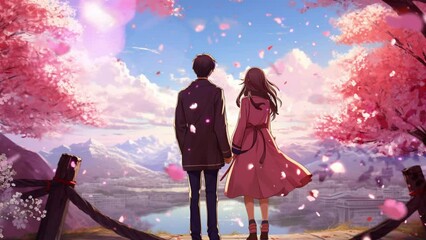 anime couple watching cherry blossoms fall in anime illustration style, 4K animation  - Powered by Adobe