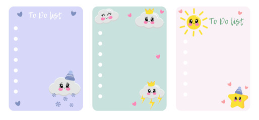 Set of to Do list, Notes, Check list decorated templates. Winter, autumn notes with kawaii clouds and sun. Printable checklist for kids. Holidays to do, check list for gifts, wish, shopping, mood
