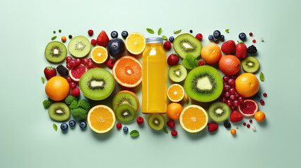 Natural vegetable fruit smoothie in a clear plastic bottle on a flat background with copy space....