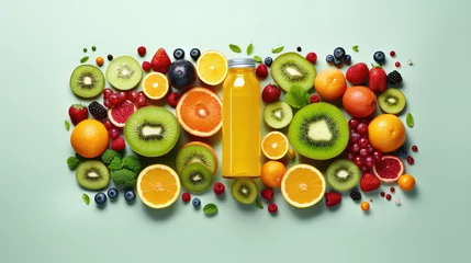 Foto op Canvas Natural vegetable fruit smoothie in a clear plastic bottle on a flat background with copy space. Freshly squeezed natural juices with fresh vegetables, fruits and herbs.  © dinastya