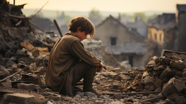 View of a small young man amidst ruins of a site