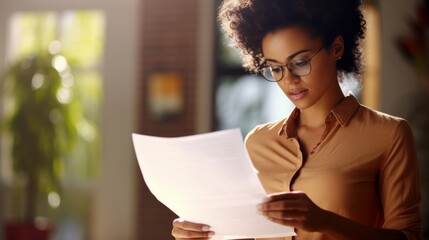 concerned  african woman reading bad news in a letter or a paper 