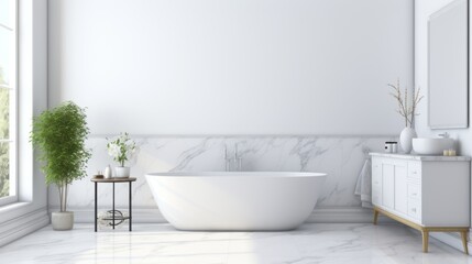elegant white bathroom interior with marble and plants