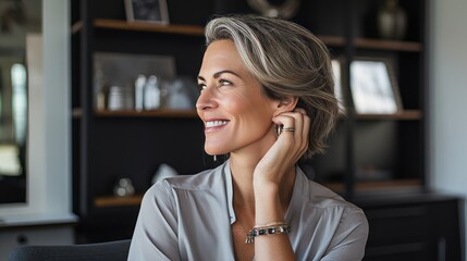 50 year old elegant woman in a minimalist interior with her hand near her ear - obrazy, fototapety, plakaty