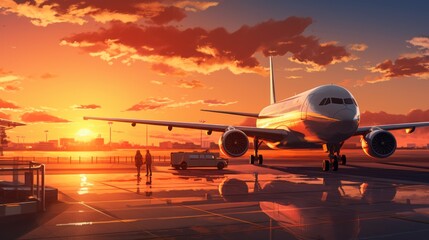 Fototapeta na wymiar illustration of airplane in the airport terminal at sunset