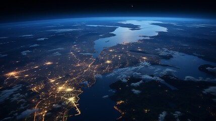 view from space of earth oceans and lights from cities - obrazy, fototapety, plakaty