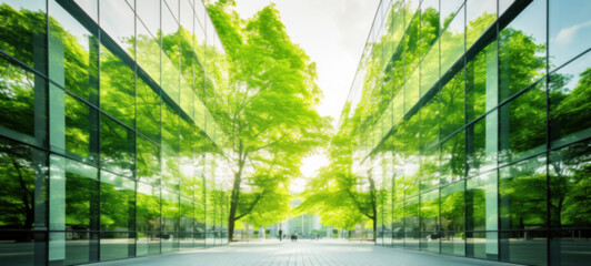 Modern building reflects nature and eco-friendly building in the city, sustainable glass building for reducing heat and carbon dioxide, Office building with a green environment, Blurred image - obrazy, fototapety, plakaty
