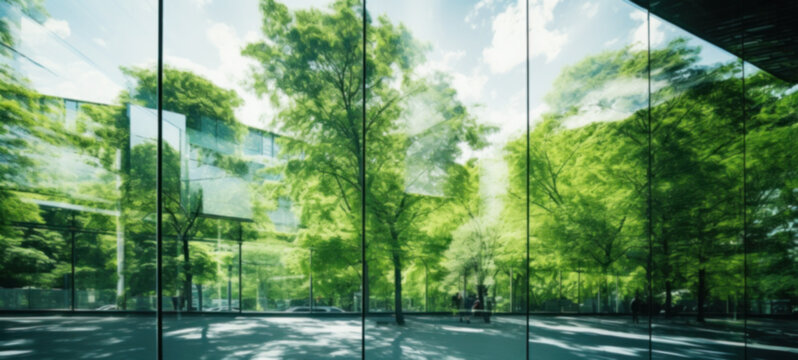 Modern building reflects nature and eco-friendly building in the city, sustainable glass building for reducing heat and carbon dioxide, Office building with a green environment, Blurred image
