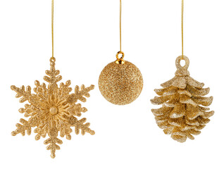 Set of golden glittering Christmas ornaments isolated on white background