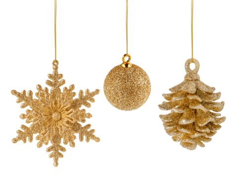 Set of golden glittering Christmas ornaments isolated on white background