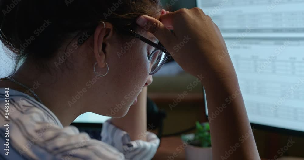 Poster Stress, challenge and business woman at computer, fatigue or tired on deadline at night. Burnout, depression and anxiety of professional with debt, financial crisis or frustrated at mistake in office