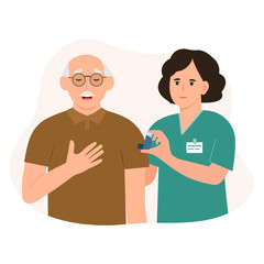 .A doctor is giving inhaler to  patient with asthma attack. Bronchial asthma diagnosis, treatment and medicine, shortness of breath, respiratory attack, allergy cough. Vector illustration.