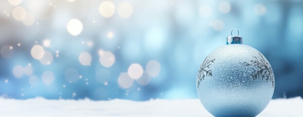 Fototapeta premium christmas ball and christmas decorations on snow background, Christmas day horizontal greeting and invatation banner with copy space for advertisement and other