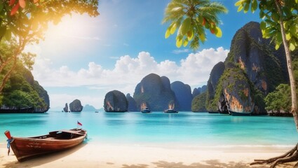 Thailand beach landscape tropical background. Asia ocean nature and wooden boat.