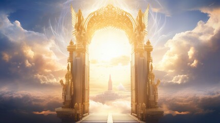 A Majestic Entrance to the Aethereal Paradise: The Grand Heaven's Gate Opening in Ornate Gold Columns - obrazy, fototapety, plakaty