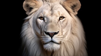 Magnificent King of the Jungle: Portrait of a Majestic White Lion Head on Black Background, Isolated Leo Cat of Africa's Wildlife