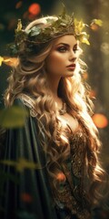 Mystical Elf Girl in the Forest - Fantasy Woman Dressed in a Cape and Wreath in Natural Setting with Ear Pointed like Fairy Tale Character